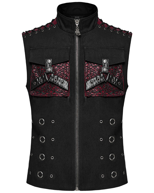 WY-1610MJM-BKRDM Mens Apocalyptic Gothic Mesh Utility Pocket Waistcoat Vest - Black & Red