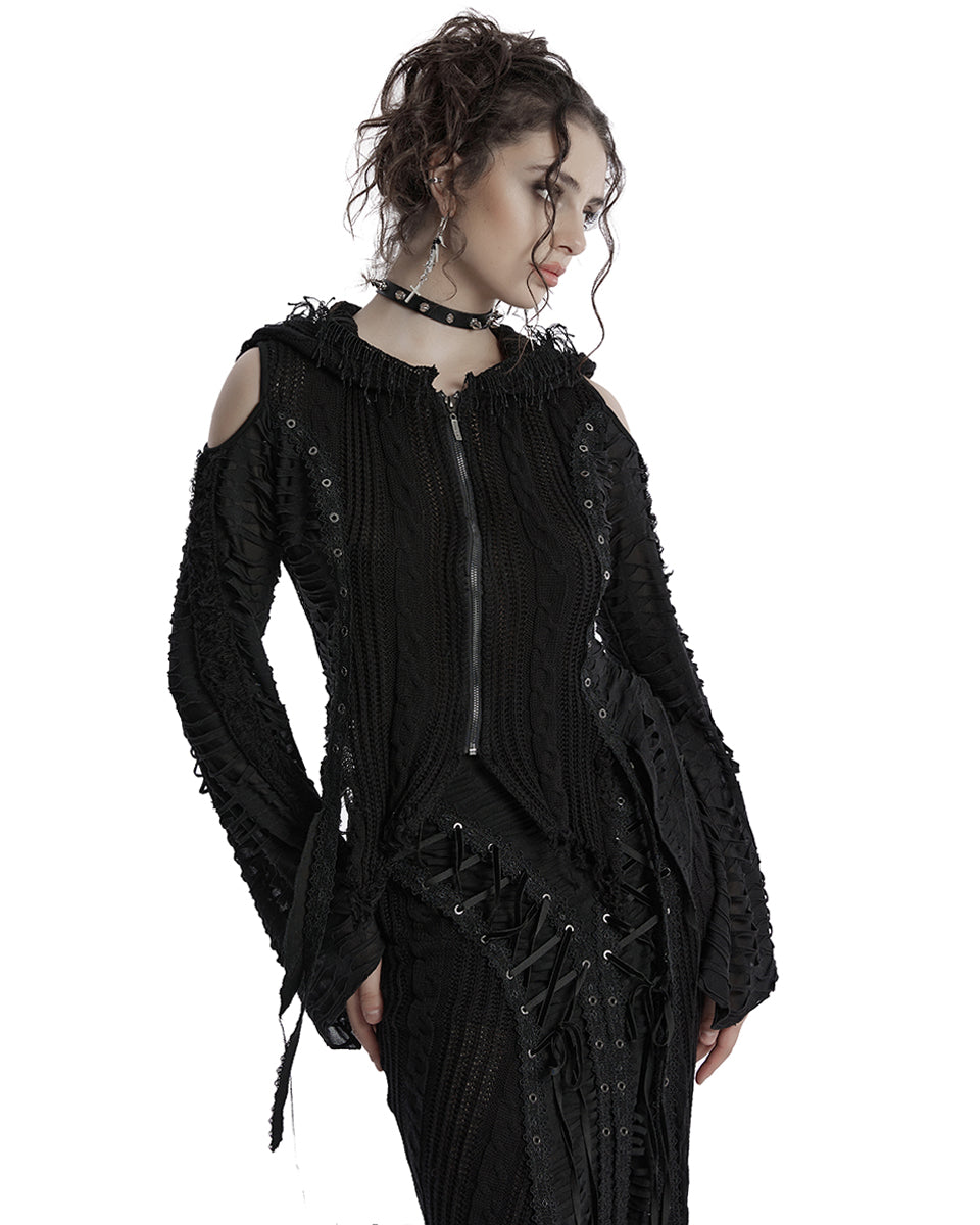 OM-089KMF Daily Life Apocalyptic Gothic Spliced Shredded Knit Hooded Cardigan Jacket