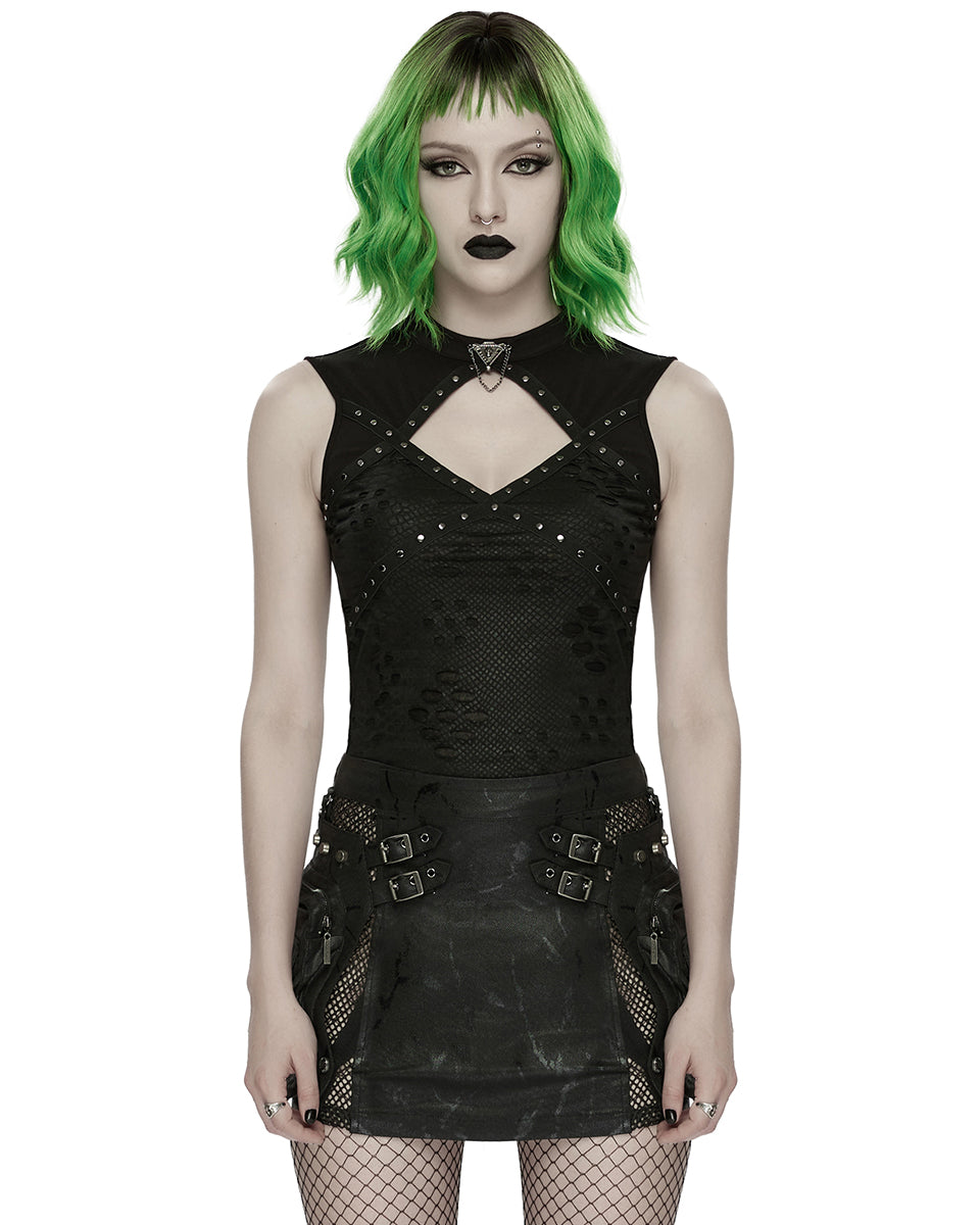 PR-WT-1077BXF-BKF Womens Apocalyptic Gothic Studded Shredded Fishnet Tank Top Vest