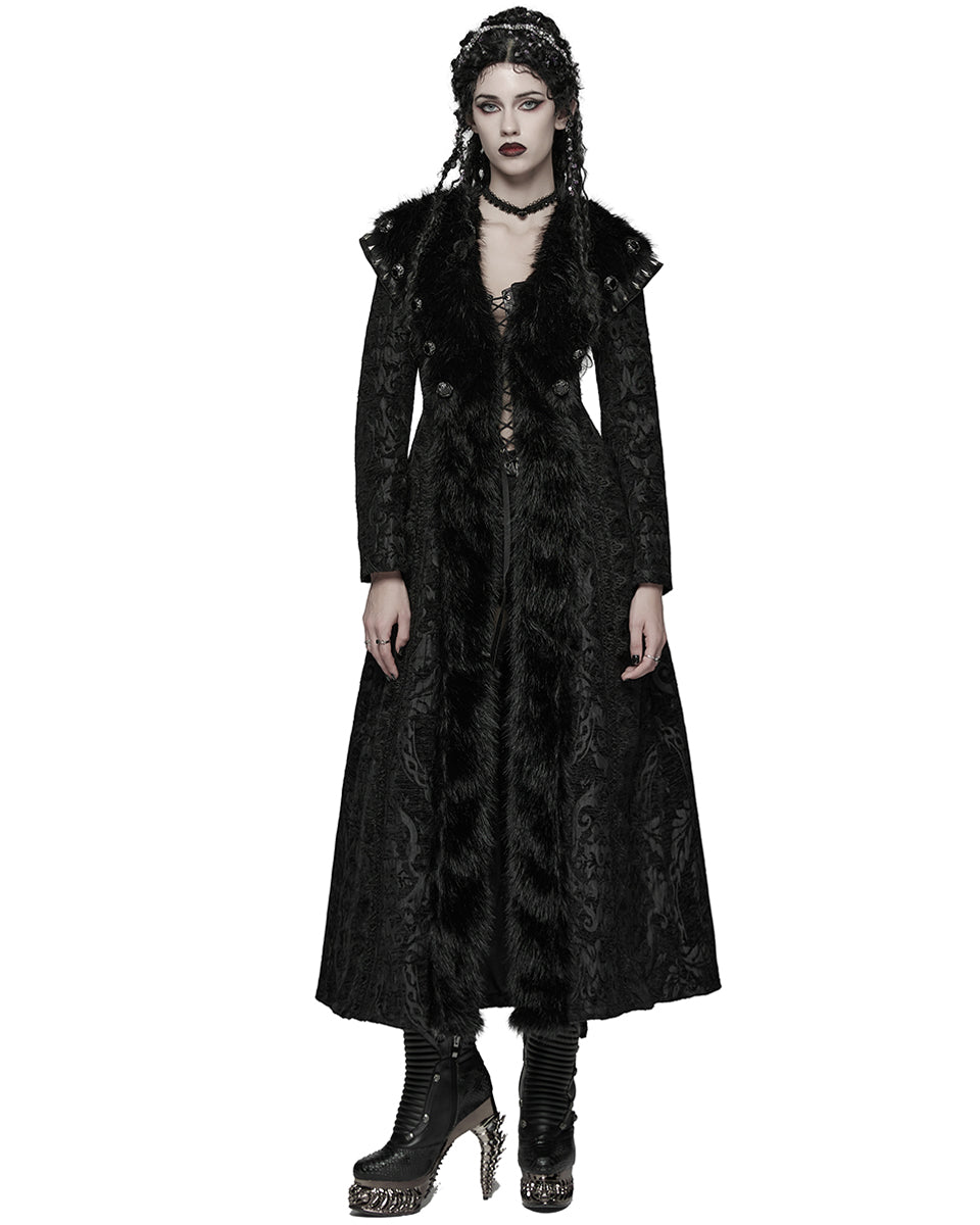 WY-1808XCF Womens Long Gothic Aristocrat Jacquard & Faux Fur Winter Coat