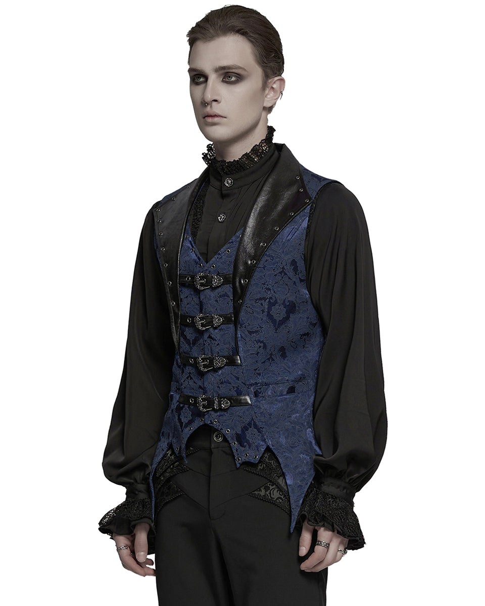 WY-1765MJM Mens Dark Victorian Gothic Damask Jacquard Waistcoat Vest - Blue