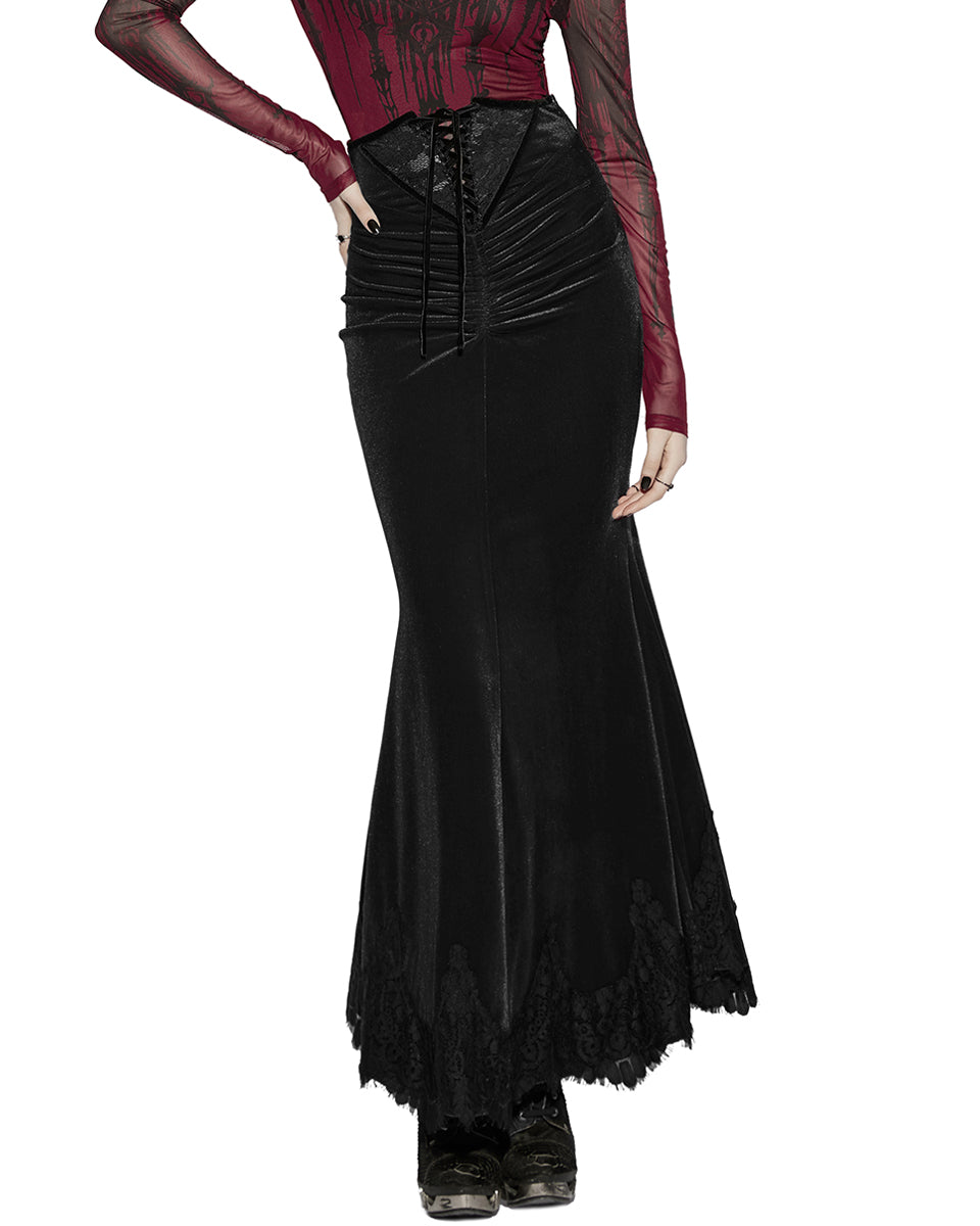 PR-OQ-844BQF-BKF Daily Life Womens Long Gothic Velvet Ruched Split Waist Skirt - Black