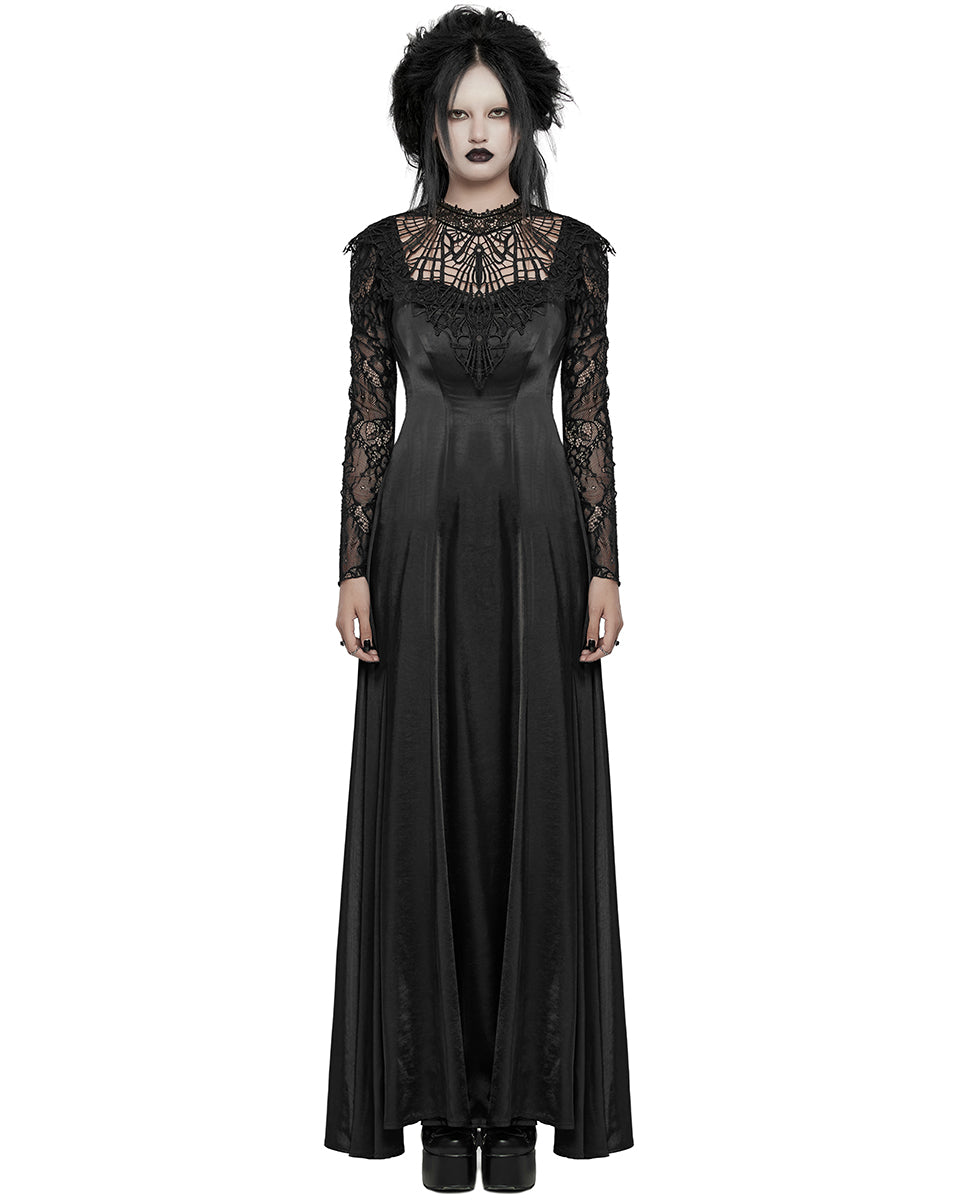 WQ-748LQF Womens Long Gothic Sateen Maxi Dress With Embroidered Lace Contrast