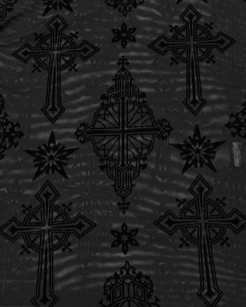 OT-990DQF-BKF Womens Gothic Flocked Mesh Crucifix Top