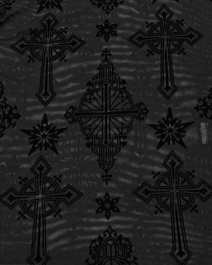 OT-990DQF-BKF Womens Gothic Flocked Mesh Crucifix Top