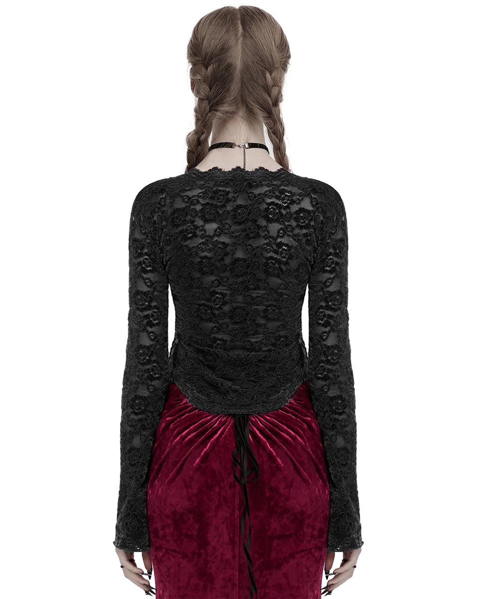OT-1014TCF-BKF Womens Elegant Floral Lace V-Neck Top - Black