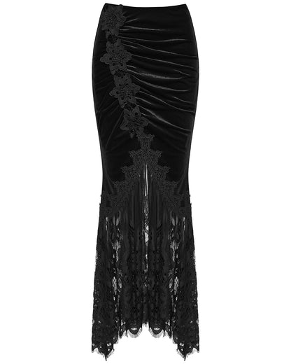 WQ-833BQF Womens Gorgeous Gothic Ruched Velvet & Lace Long Fishtail Skirt