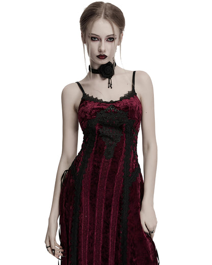 OQ-856LQF Daily Life Womens Long Gothic Crushed Velvet Applique Maxi Dress - Red