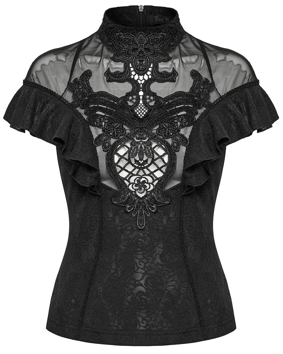 WT-1004TDF-BKF Womens Elegant Gothic Floral Lace Applique Blouse Top