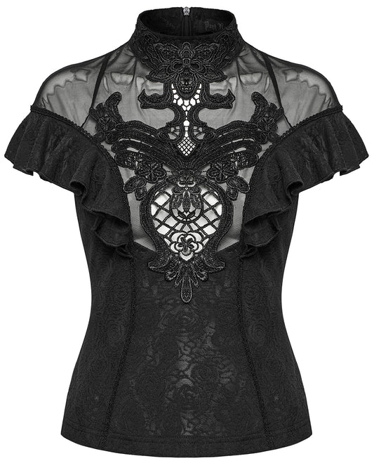 WT-1004TDF-BKF Womens Elegant Gothic Floral Lace Applique Blouse Top
