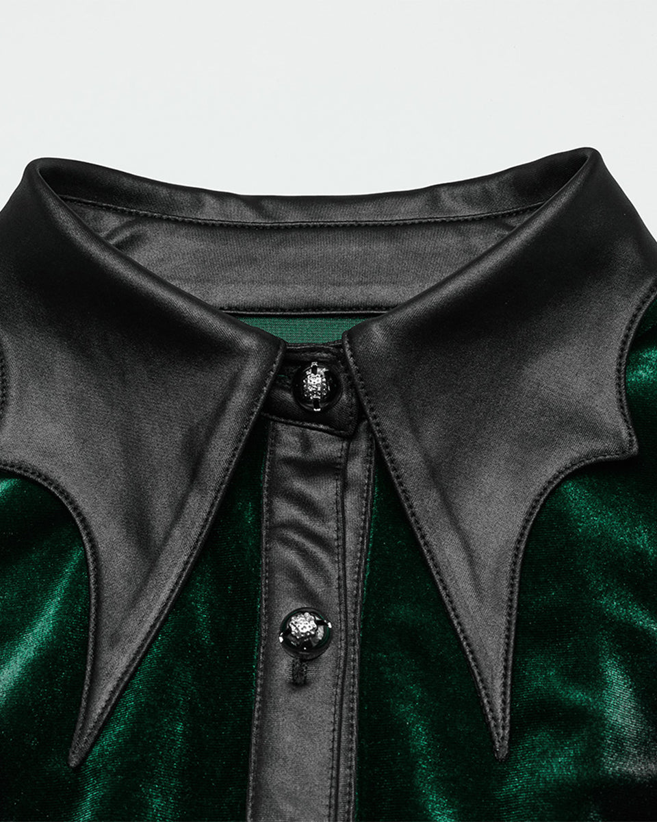 OY-1697DQF-GRF Daily Life Gothic Gradient Velvet Bat Collar Blouse Top - Green & Black