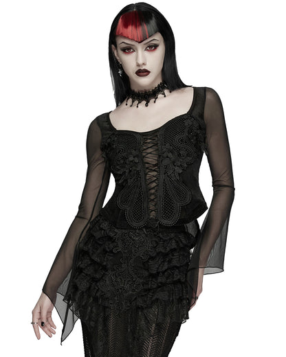 PR-WT-1069TCF-BKF Womens Elegant Gothic Velvet & Mesh Lace Applique Blouse Top