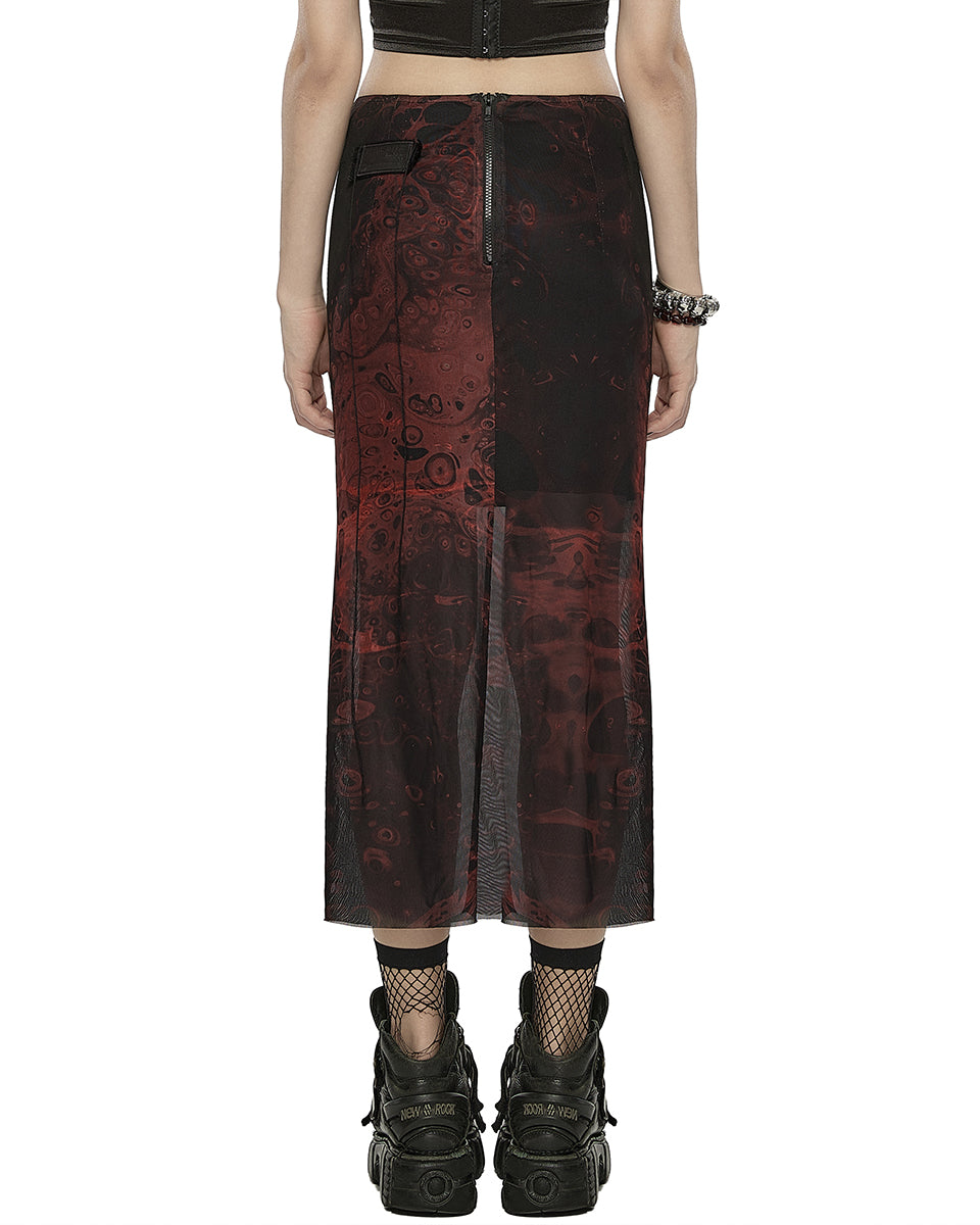 OPQ-1401 Daily Life Womens Cyberpunk Layered Gauze Midi Skirt - Black & Red