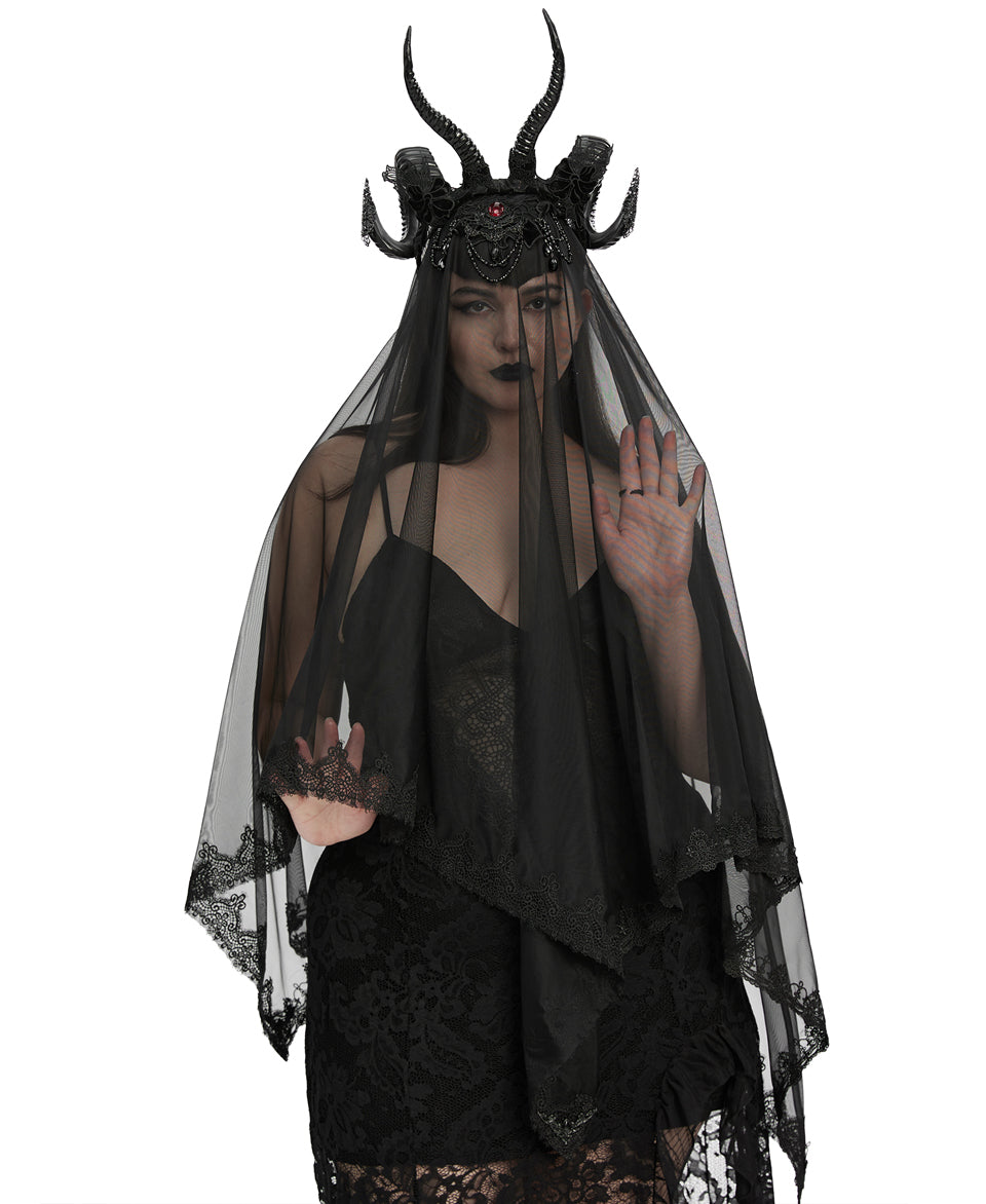 WS-833FSF Womens Dark Gothic Beaded Demon Horns 2-Piece Mesh Veil