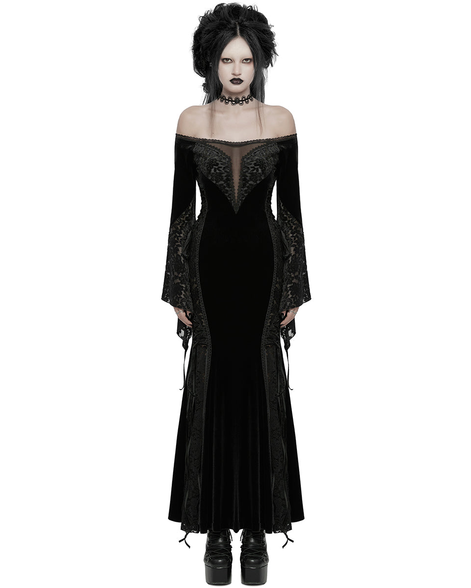 WQ-761LQF Womens Long Gothic Off Shoulder Maxi Dress With Devore Velvet Contrasts