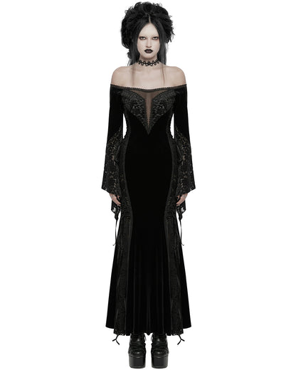 WQ-761LQF Womens Long Gothic Off Shoulder Maxi Dress With Devore Velvet Contrasts