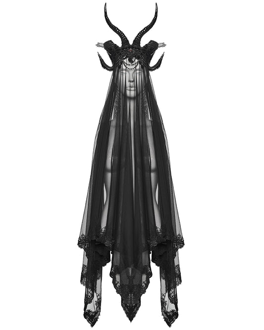 WS-833FSF Womens Dark Gothic Beaded Demon Horns 2-Piece Mesh Veil