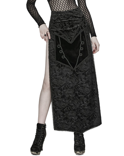 WQ-679BQF Womens Long Gothic Regency Paisley Velvet Side-Split Skirt
