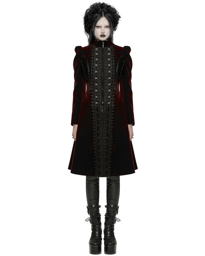 WY-1633XCF Womens Gothic Velvet Embellished Mid Length Military Coat - Red