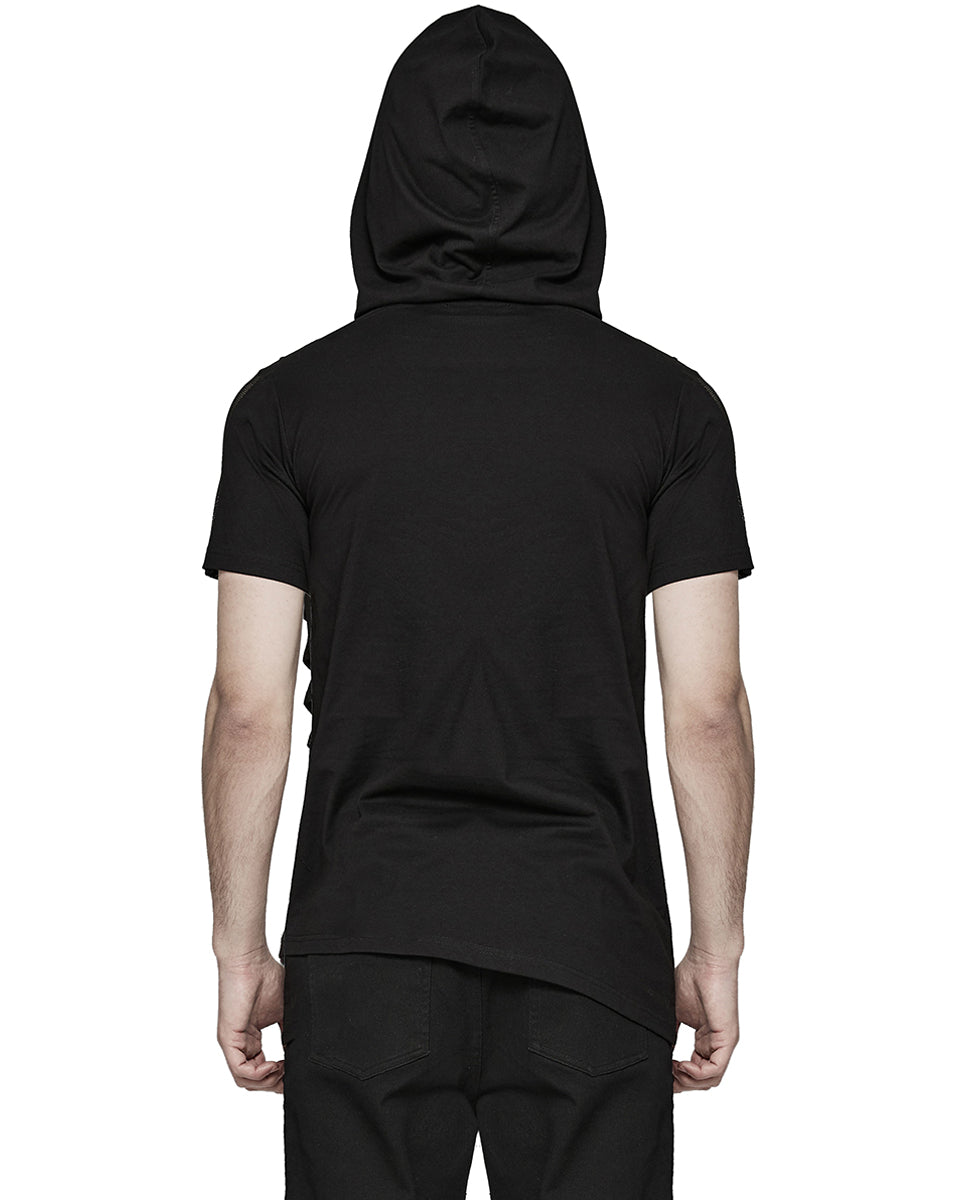 PR-T774-BKM Mens Gothic Punk Shredded Mesh Inset Hooded T Shirt Top