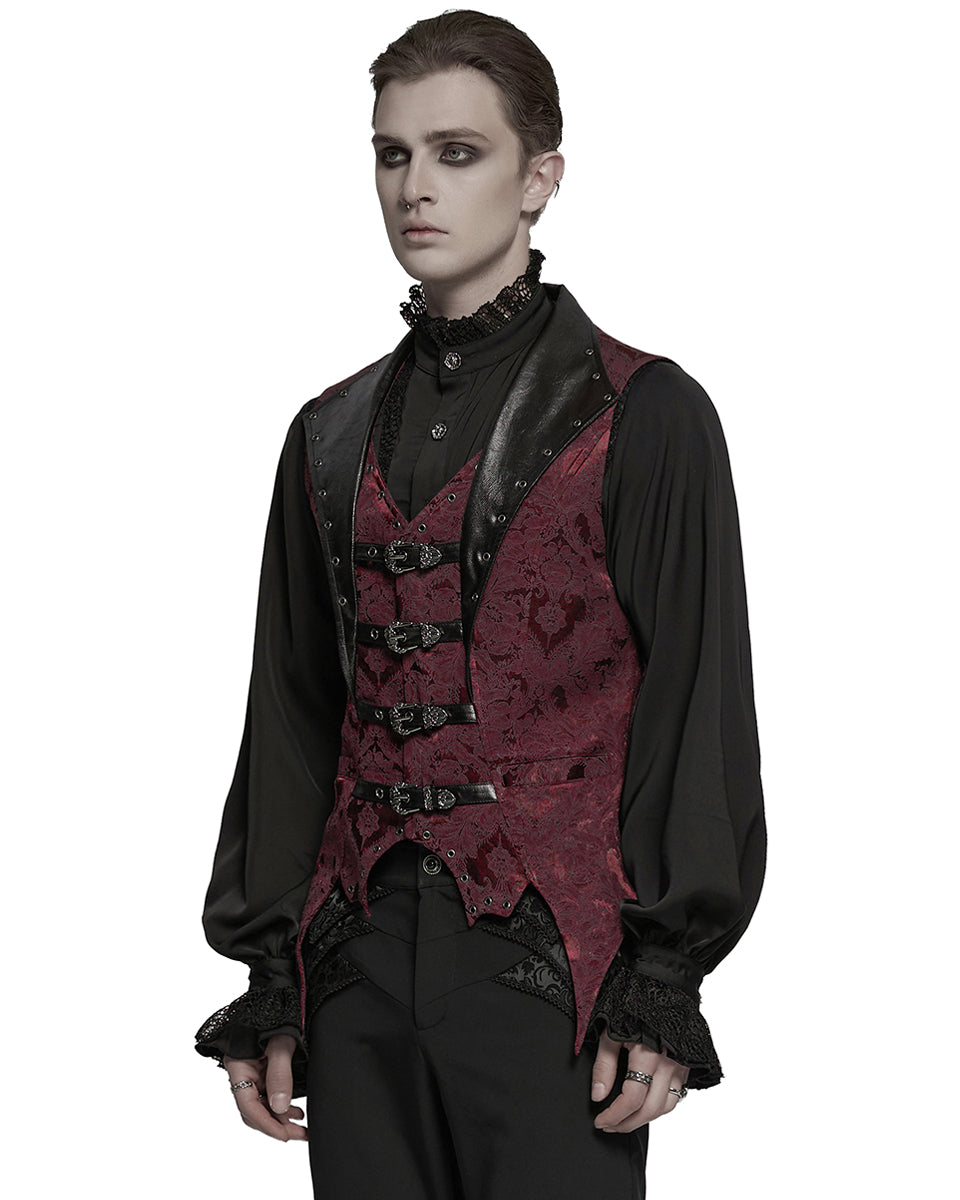 WY-1765MJM Mens Dark Victorian Gothic Damask Jacquard Waistcoat Vest - Red