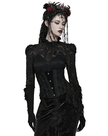 WS-790YDF Womens Baroque Gothic Rose Embroidered Velvet Cincher Corset - Black
