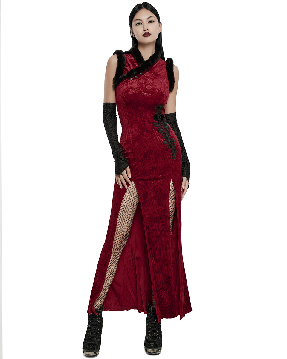 WQ-756LQF Womens Gothic Embossed Rose Velvet & Faux Fur Cheongsam Dress - Red