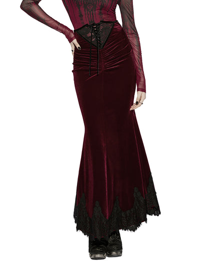 PR-OQ-844BQF-RDF Daily Life Womens Long Gothic Velvet Ruched Split Waist Skirt - Red
