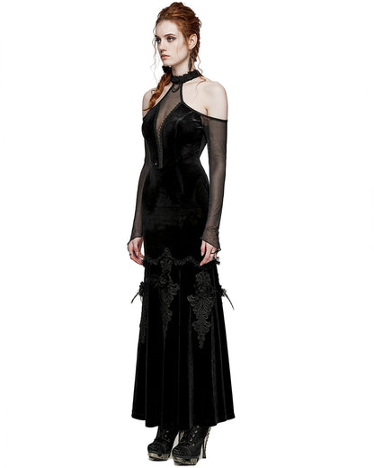 PR-WQ-658DQF-BKF Womens Dark Regency Gothic Velvet & Mesh Evening Dress - Black