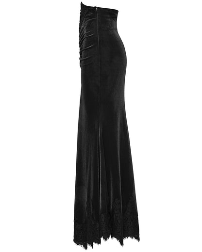 PR-OQ-844BQF-BKF Daily Life Womens Long Gothic Velvet Ruched Split Waist Skirt - Black