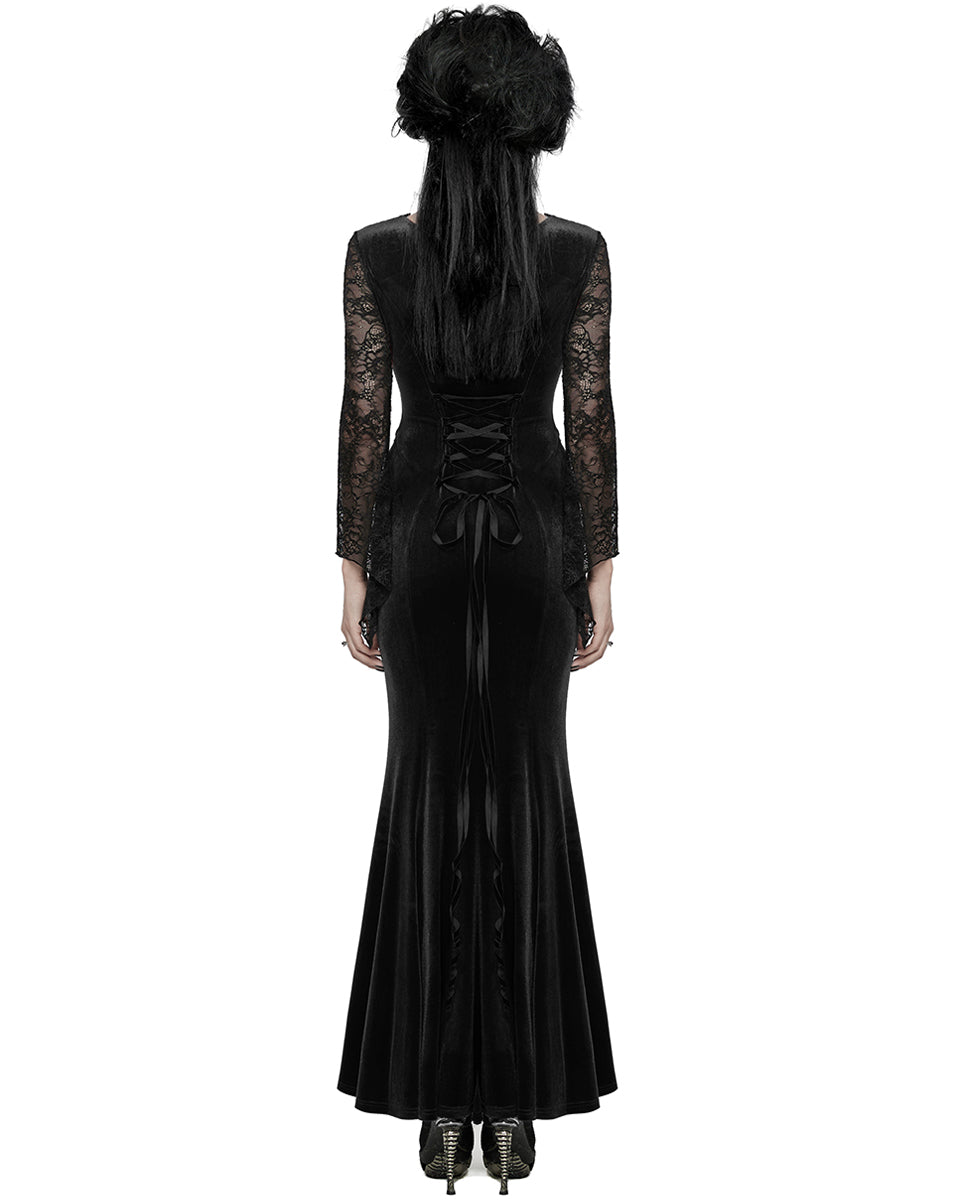 WQ-763LQF Womens Long Gothic Velvet & Lace Applique Maxi Dress - Black