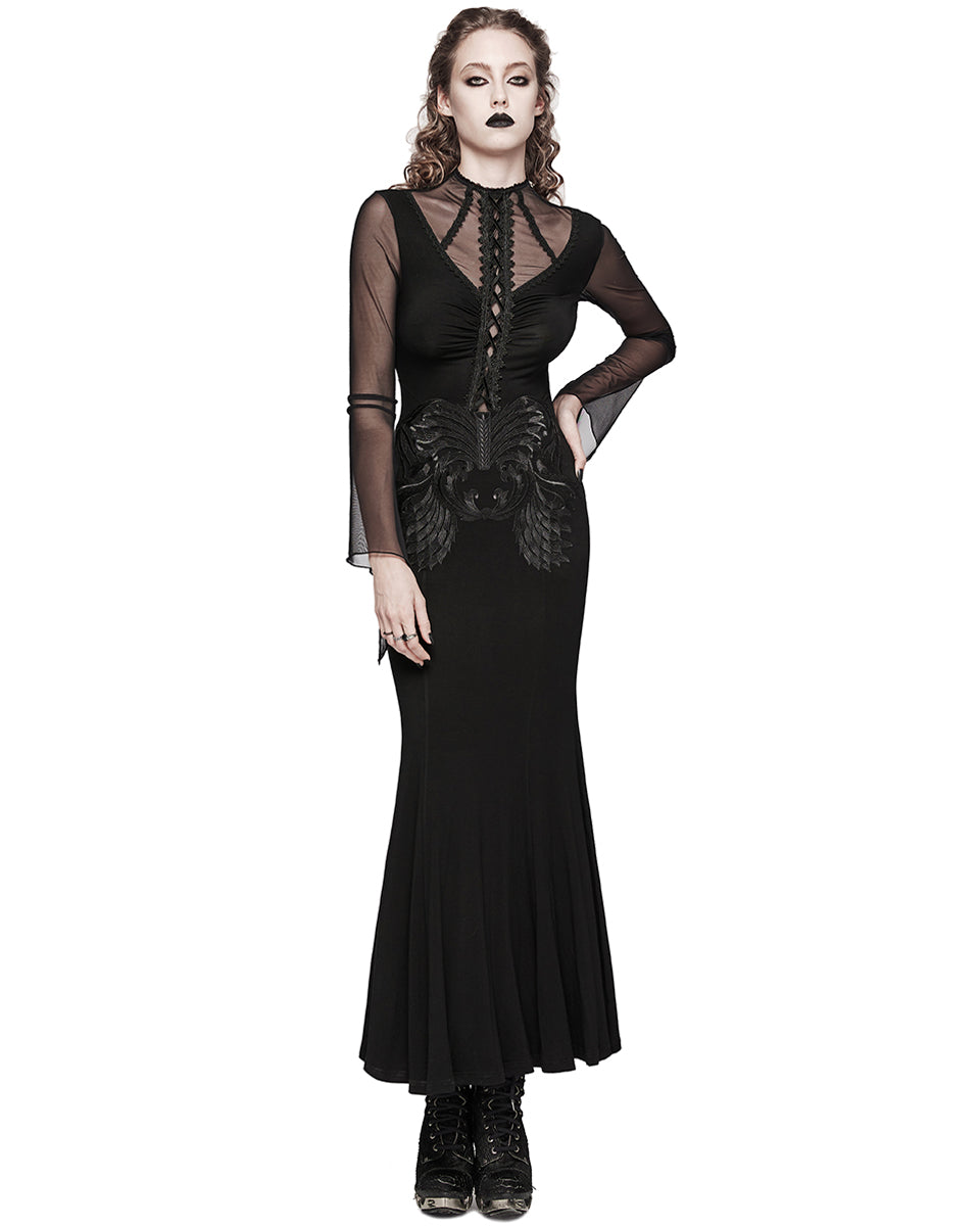 WQ-697LQF-BKF Long Gothic Lace Applique Evening Maxi Dress