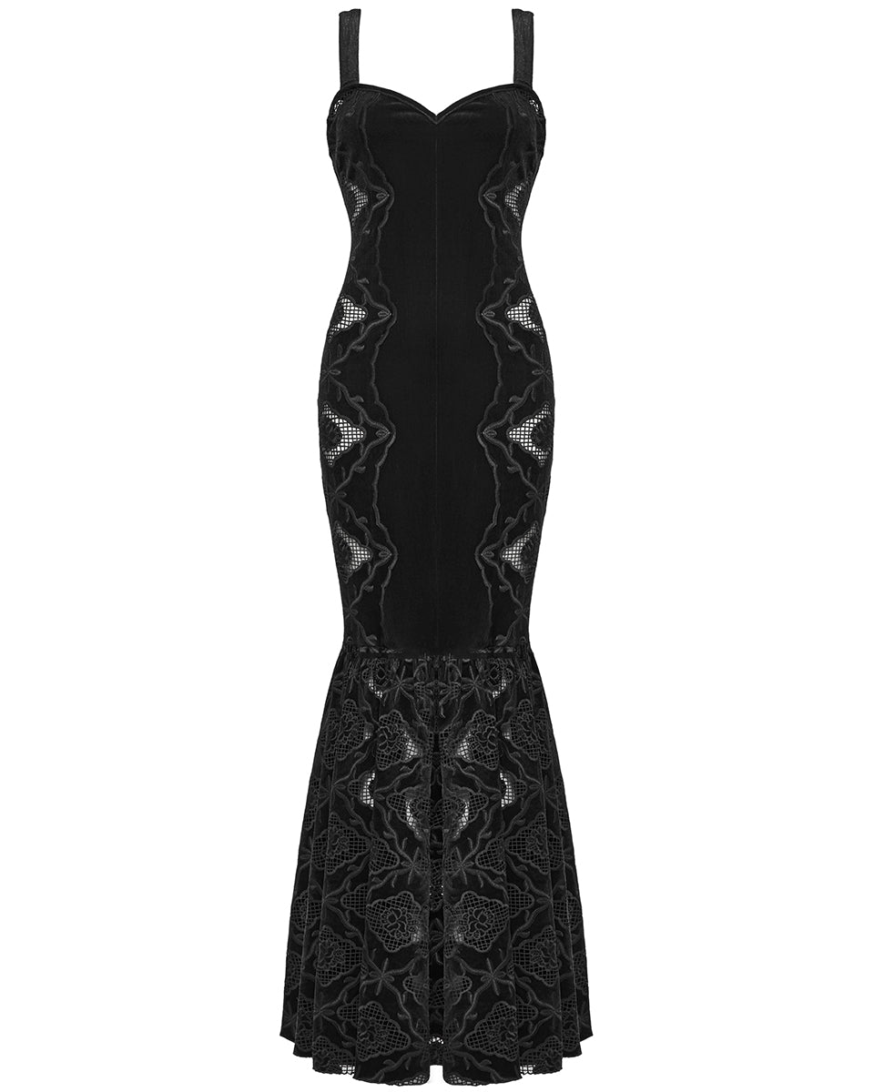 WQ-837LQF Womens Long Gothic Velvet Lace Applique Cutout Dress - Black