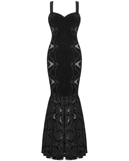 WQ-837LQF Womens Long Gothic Velvet Lace Applique Cutout Dress - Black