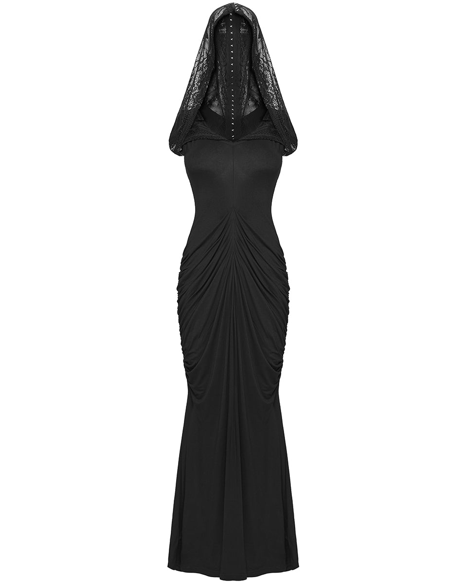 PR-WQ-940LQF-BKF Womens Long Gothic Lace Hooded Ruched Maxi Dress
