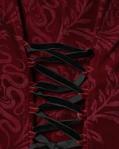 WY-1833LDF Womens Gothic Aristocrat Damask Velvet Frock Coat Jacket - Red