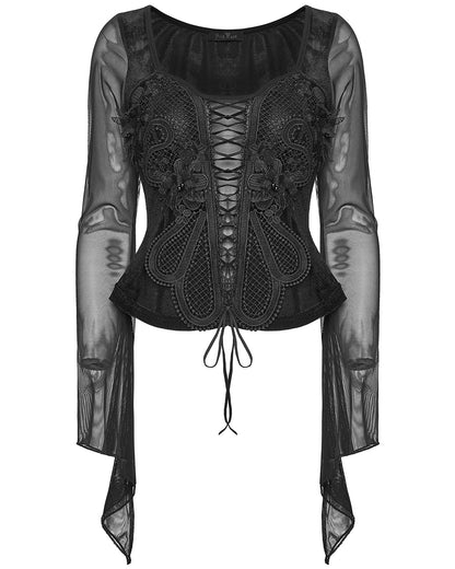 PR-WT-1069TCF-BKF Womens Elegant Gothic Velvet & Mesh Lace Applique Blouse Top