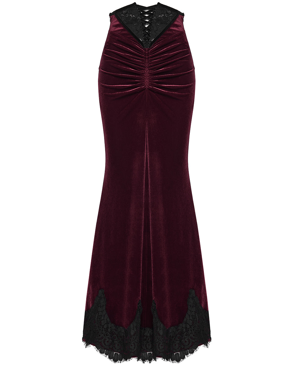 PR-OQ-844BQF-RDF Daily Life Womens Long Gothic Velvet Ruched Split Waist Skirt - Red