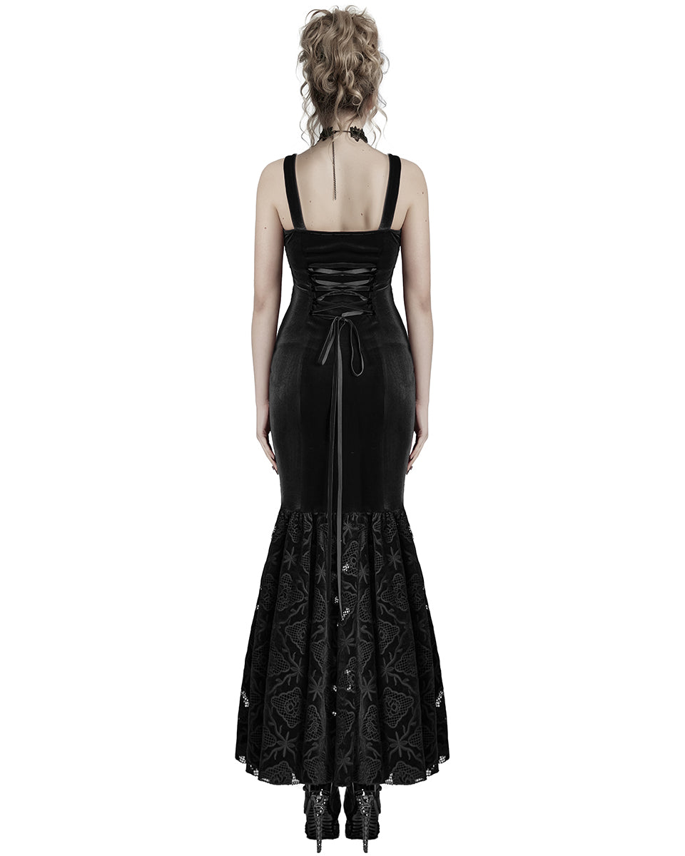 WQ-837LQF Womens Long Gothic Velvet Lace Applique Cutout Dress - Black