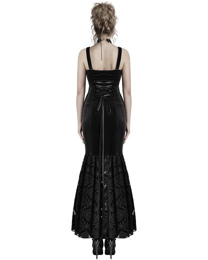 WQ-837LQF Womens Long Gothic Velvet Lace Applique Cutout Dress - Black