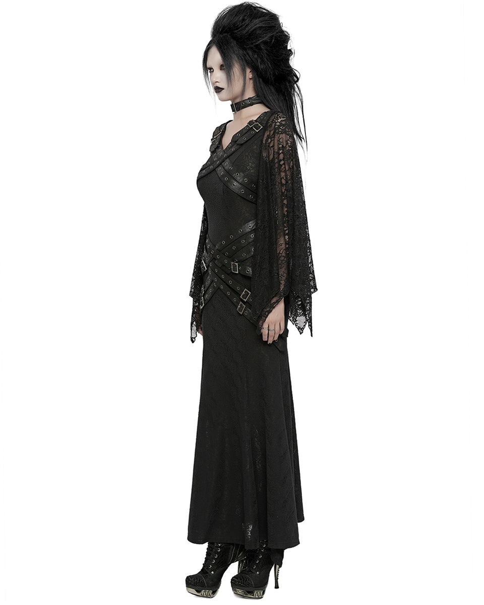 WQ-746LQF Womens Gothic Lace Batwing Caped Maxi Dress