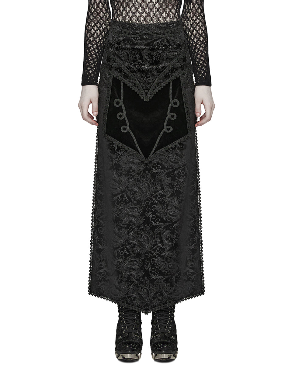 WQ-679BQF Womens Long Gothic Regency Paisley Velvet Side-Split Skirt