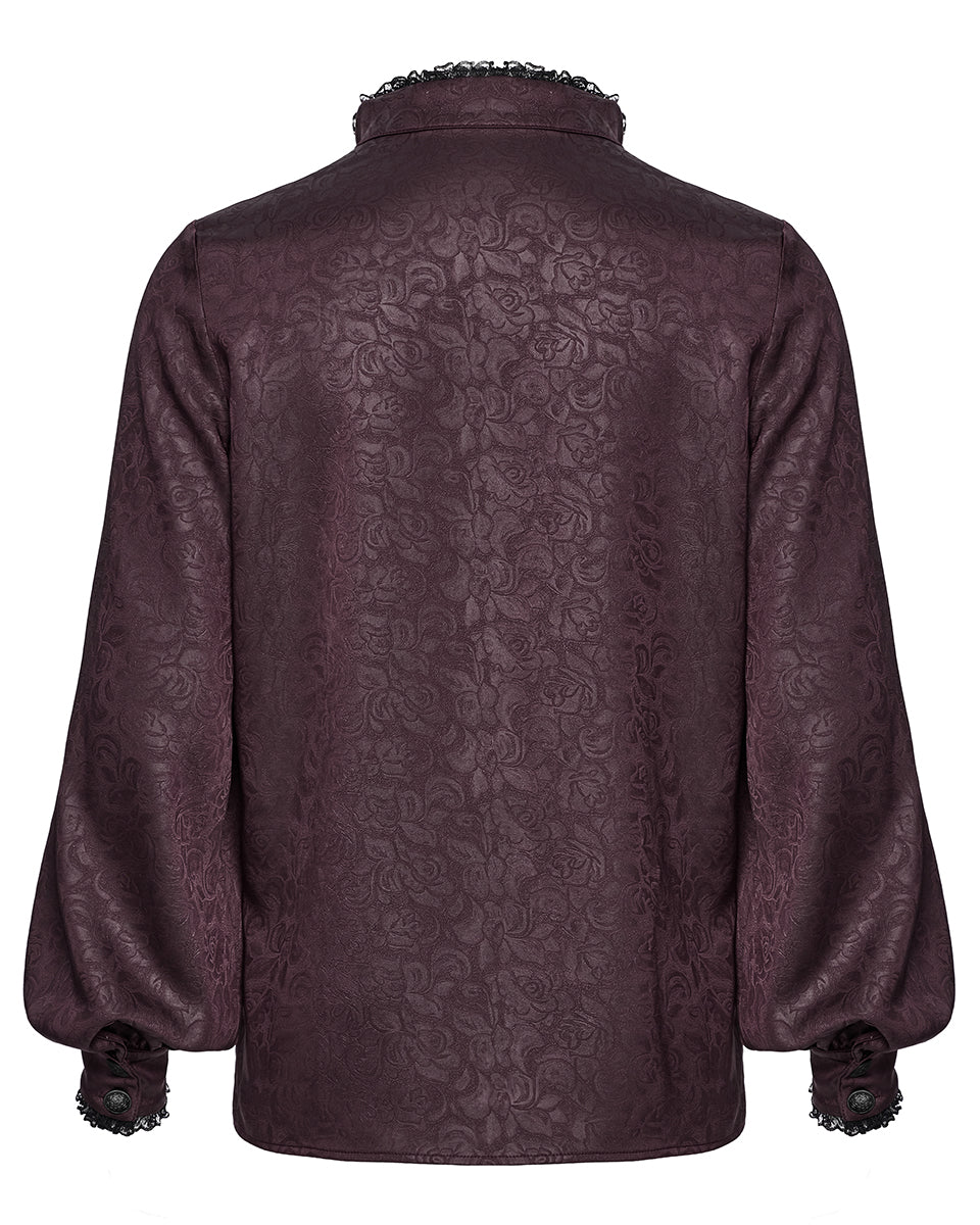 PR-WY-1785 Mens Gothic Embossed Print Lace-Up Pirate Shirt - Red