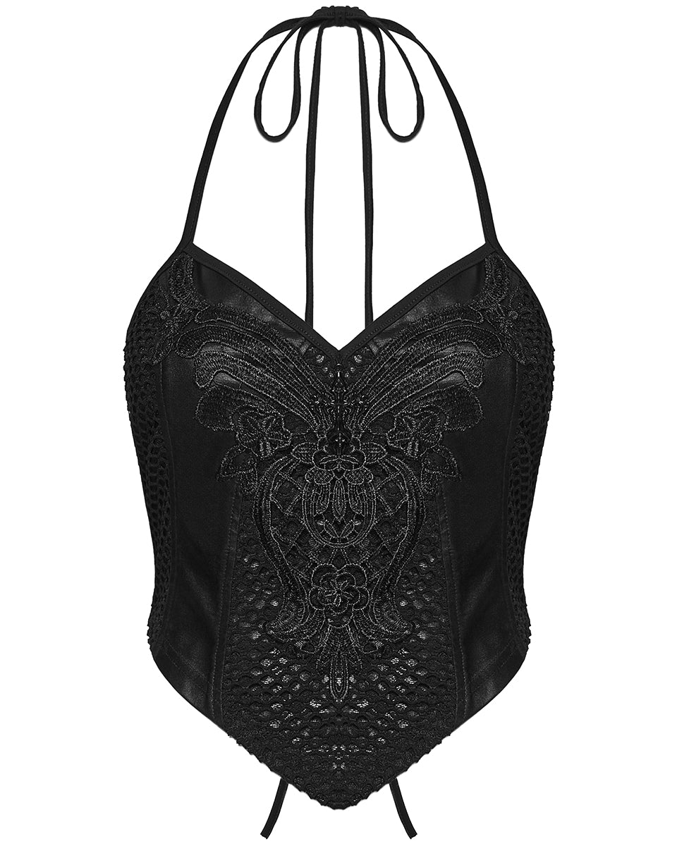 WT-1091DDF Womens Gothic Lace Applique Tie-Back Camisole Top