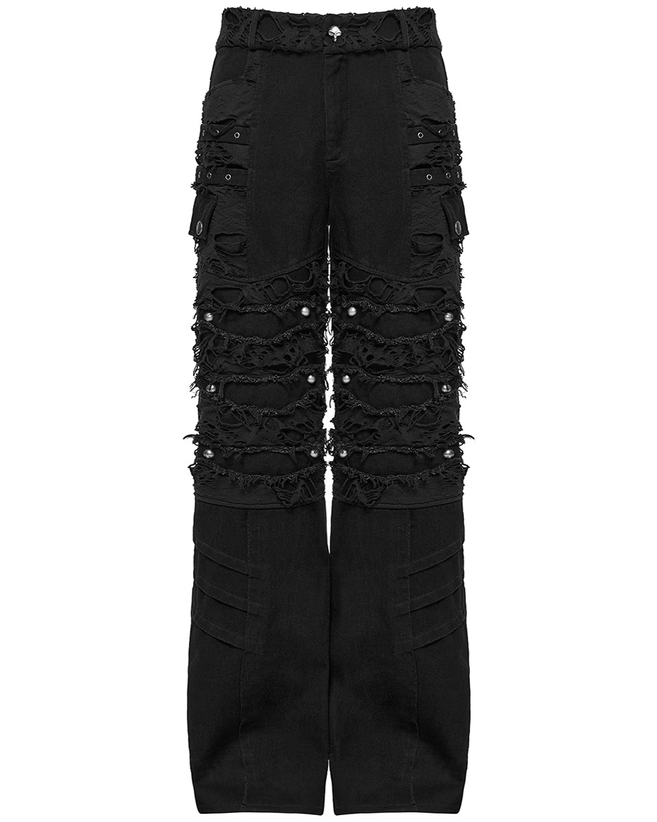 WK-707XCM-BKM Mens Apocalptic Gothic Studded Shredded Mesh Inset Pants