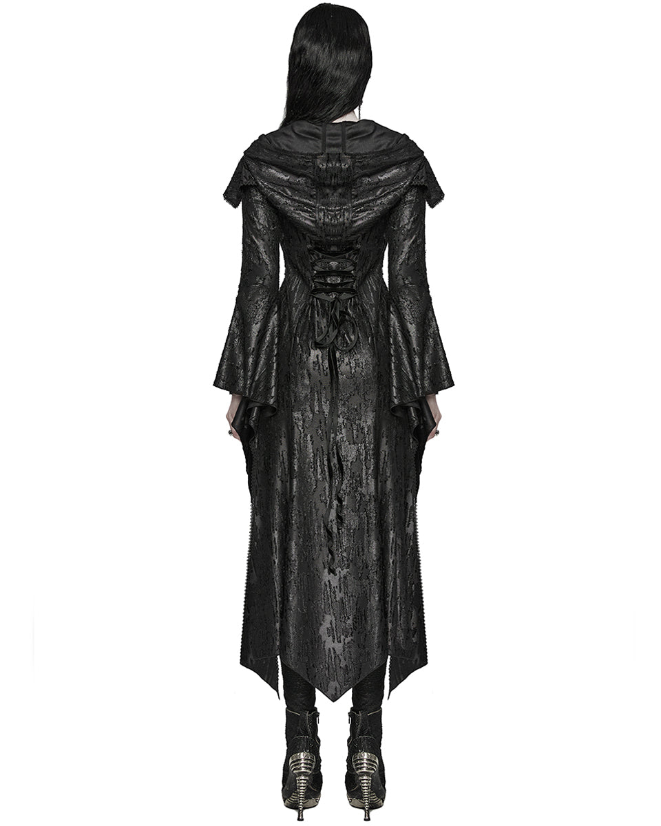 WY-1584ZCF-BKF Womens Long Gothic Witch Broken Knit Hooded Jacket