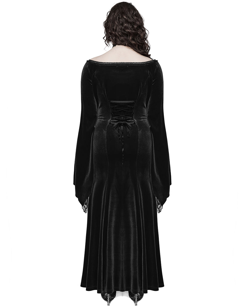 PR-DQ-641LQF-BKF Classic Gothic Off Shoulder Maxi Dress - Extended Size Range - Black Velvet