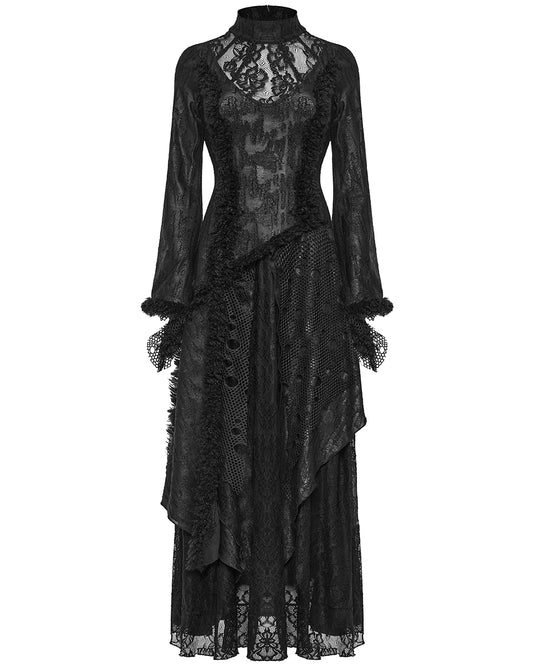 PR-WQ-643LQF-BKF Womens Dark Apocalyptic Shredded Mesh & Lace Splicing Maxi Dress