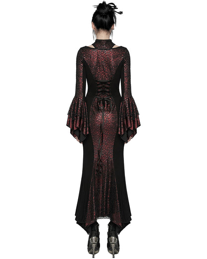 WQ-772LQF Womens Long Gothic Fitted Maxi Dress With Mesh Contrast - Red & Black