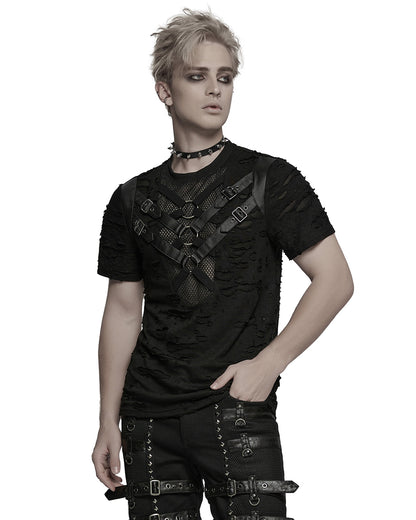 WT-1005TDM-BKM Mens Apocalyptic Gothic Shredded Fishnet Inset T Shirt Top